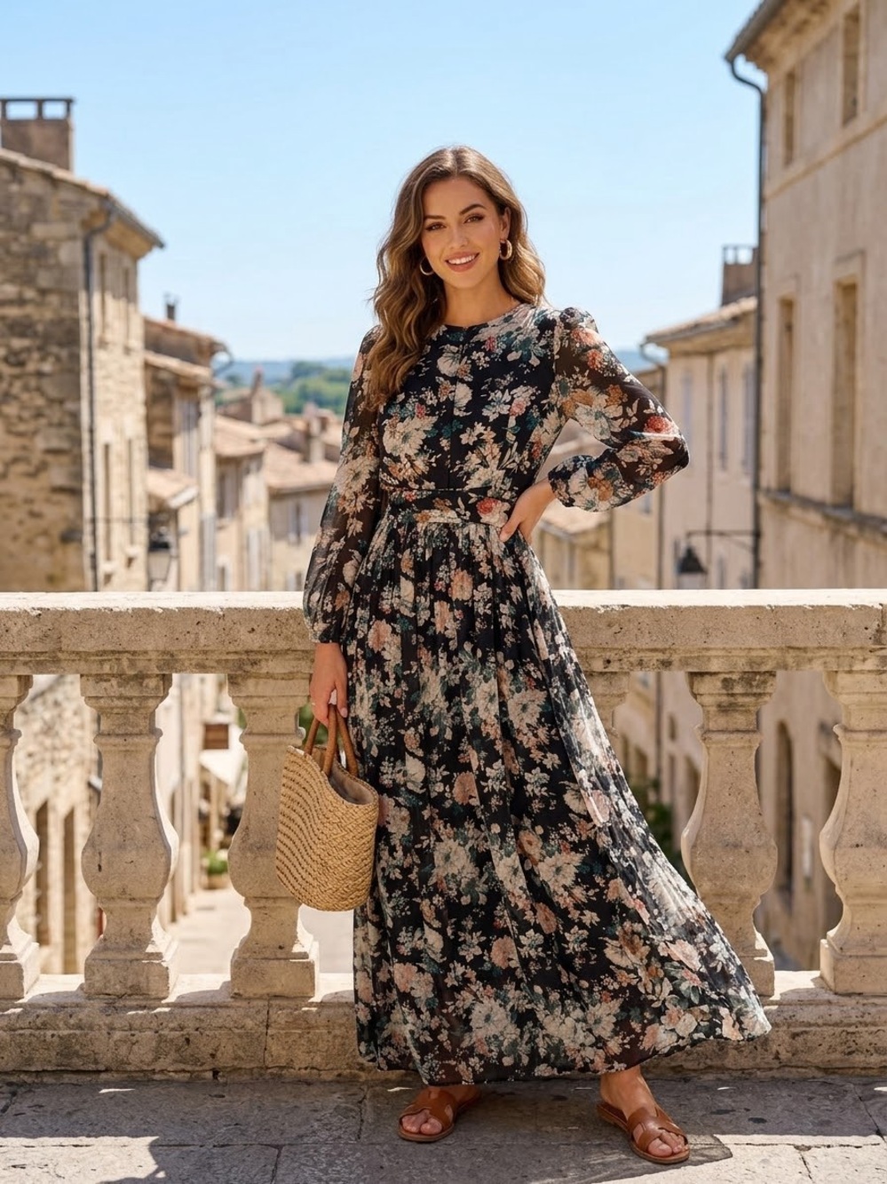 Liza Muromskaya Floral Maxi Dress Chiffon Long Sleeve Belted Sz S M Romantic New